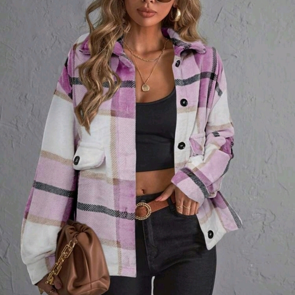 Jackets & Blazers - Women's Button Front Long Sleeve Pocket Plaid Casual Jacket, Everyday Wear